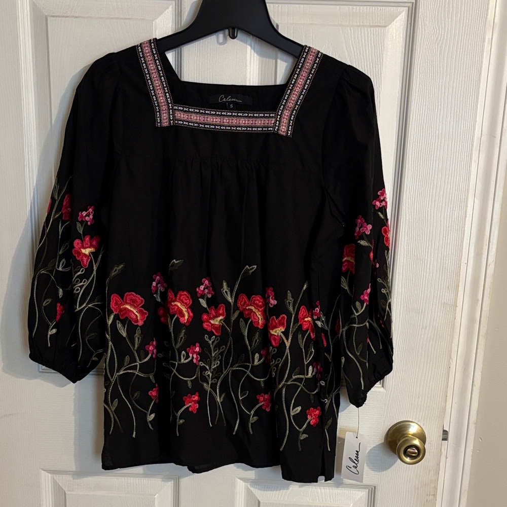 Calesa Black, Green, Red & Pink Floral Embroidered Women's Top New Small